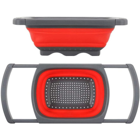 Cos de Scurgere Retractabil pentru Chiuveta, Cyrax, cu Filtru, pentru Fructe si Legume, de Uz Casnic, 39x12 cm, Design Extensibil pana la 61 cm, cu Manere de Prindere, Rosu