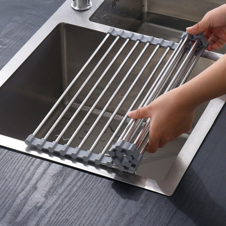 Cyrax Covoras de Scurgere pentru Chiuveta Bucatarie, din Otel Inoxidabil, Suport Chiuveta, Pliabil, Antiderapant, Usor de Curatat si de Depozitat, 47x37cm, 18 Tuburi, Gri
