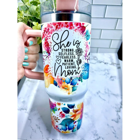 Cana Termos din Plastic, Cyrax, pentru Bauturi Calde si Reci, cu Maner, Imprimeu Floral, cu Mesaj pentru Mama, Alb, 10x7.6x27.5 cm