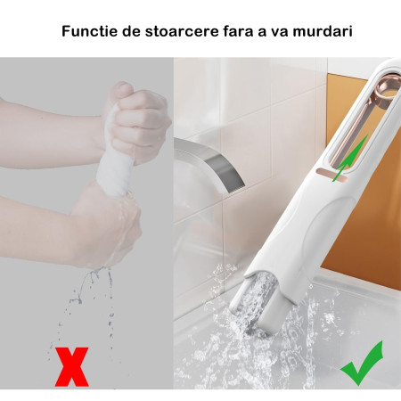Mop de mana Cyrax, mini-portabil, cu sistem de stoarcere, dispozitiv de curatat manual, cu burete absorbant, material PVA, multisuprafete si geamuri, 29.5 x 15.5 cm, alb