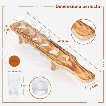Set 6 Pahare Shot din Sticla Cyrax, cu Suport din Lemn, Design Rustic, 49.5 x 7 x 6.5 cm, Maro