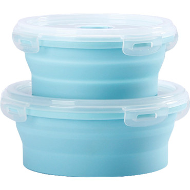 Set 2 caserole rotunde pliabile Cyrax, din silicon, rezistenta la temperaturi ridicate, usor de depozitat si curatat, 500 si 800 ml, utilizare in cuptorul cu microunde, albastra
