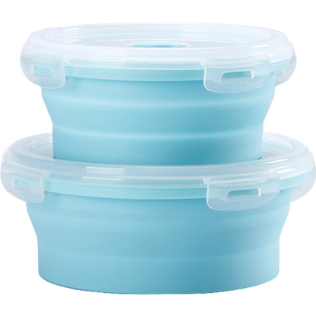 Set 2 caserole rotunde pliabile Cyrax, din silicon, rezistenta la temperaturi ridicate, usor de depozitat si curatat, 500 si 800 ml, utilizare in cuptorul cu microunde, albastra