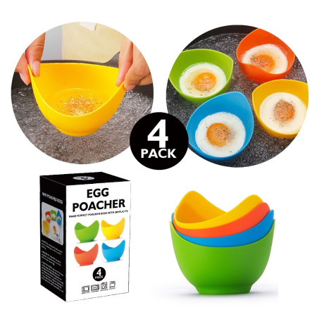 Set 4 forme pentru oua posate Cyrax, din silicon rezistent la temperatura mare, usor de utilizat, multicolor