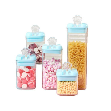 Set 5 Cutii de Depozitare Alimente, Cyrax, 1 x 500ml, 2 x 800ml, 1 x 1200ml, 1 x 1900ml, Capac Albastru, din PP+PET, Inchidere Ermetica, Transparent