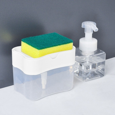 Dozator Cyrax, Dispenser 2 in 1 pentru Detergent Lichid de Vase sau pentru Obiecte Sanitare cu Suport pentru Burete de Bucatarie ,14 x 10.5 x 10 cm, capacitate 380 ml, alb