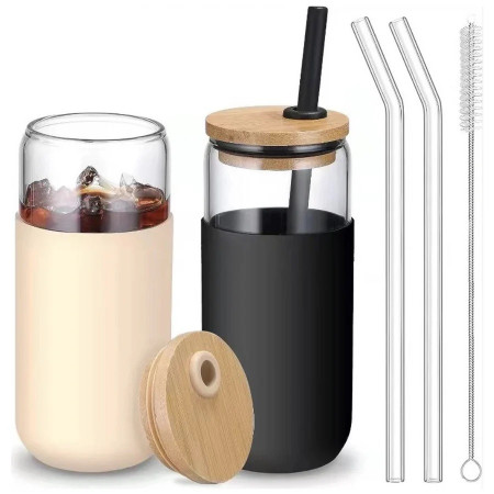 Set 2 Pahare din Sticla Termoizolante Transparente, Cyrax, Capace si Paie Incluse, 500 mL, Silicon Negru si Crem