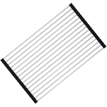 Cyrax Covoras de Scurgere pentru Chiuveta Bucatarie, din Otel Inoxidabil, Suport Chiuveta, Pliabil, Antiderapant, Usor de Curatat si de Depozitat, 47x36 cm, 18 Tuburi, Negru