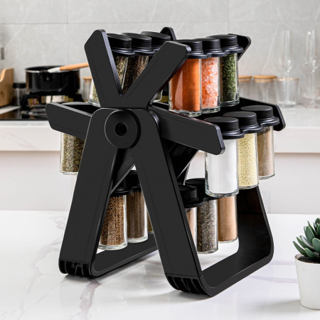 Suport Pentru Condimente Rotativ, Cyrax, Multifunctional, Pivotant 360°, Portabil, Usor de Montat, 34x23 cm, ABS/Sticla, Negru