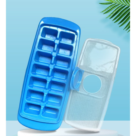Forma pentru cuburi de gheata Cyrax, 14 cuburi, reutilizabil, plastic alimentar, cu capac, orificiu umplere, dreptunghiulara, 29.5 x 12.5 x4 cm, albastru