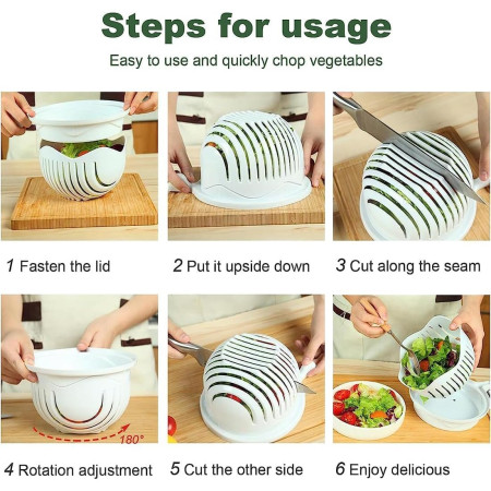 Bol Feliator pentru Salata, Cyrax, Castron Multifunctional pentru Legume si Fructe, pentru Spalat si Taiat Legumele, cu Scurgere si Tocator, Ergonomic, Protectie pentru Maini, 21x18.5x11.5 cm, Alb