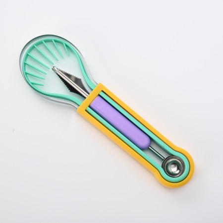 Ustensila bucatarie 4 in 1 pentru taiat si decorat fructe Cyrax, material inox si plastic, compact, 28x6.2 cm, multicolor