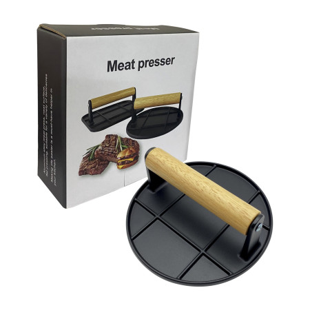 Presa Manuala pentru Carne, Cyrax, din Aliaj de Aluminiu, Maner din Lemn, Presa pentru Burgeri, Usor de Curatat si Folosit, Rotunda, 16x16x6 cm, Neagra
