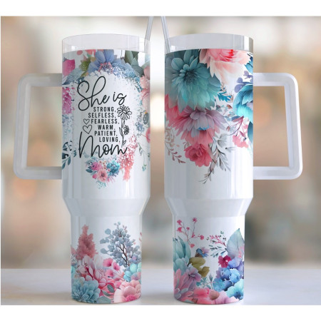 Cana Termos din Plastic, Cyrax, pentru Bauturi Calde si Reci, cu Maner, Imprimeu Floral, cu Mesaj pentru Mama, Alb, 10x7.6x27.5 cm