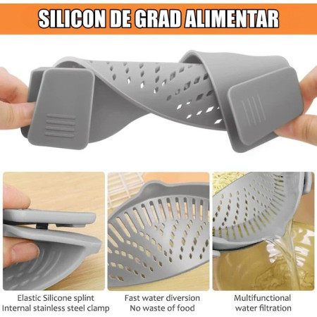 Strecurator Filtru pentru Vase, Cyrax, din Silicon Rezistent la Temperaturi Inalte, Universal, Paste, Legume, Fructe, 23x12.5x6.7 cm, Gri