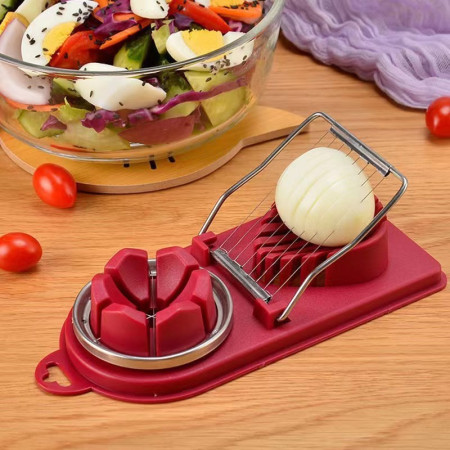 Feliator multifunctional Cyrax pentru oua, mozzarela, fructe, 2 forme de feliere, agatatoare, 20 cm, Visiniu