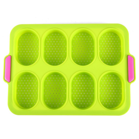 Forme de Silicon pentru Copt, Cyrax, 8 Forme Ovale, pentru Paine si Prajituri, 34.5 x 23.8 x 2.5 cm, Verde/Roz