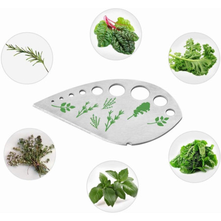 Tocator manual pentru ierburi Cyrax, instrument de curatat frunze, margini ascutie, 9 gauri de diferite dimensiuni, multifunctional, material otel inoxidabil, maner ergonomic, rezistent la rugina, 12.3 x 6.9 cm, argintiu