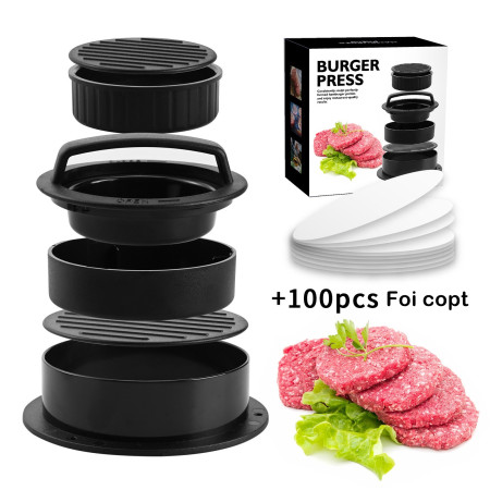 Cyrax Presa dubla pentru hamburgeri 2 in 1, forma si presa, doua dimensiuni, cu maner, usor de curatat si folosit, material ABS, 100 de foi hartie de copt incluse, 13x13.5x7 cm, fara lipire, neagra