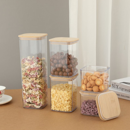 Cutii de Depozitare Alimente, Cyrax, Set din 5 Cutii de tip Container, Cutii pentru Cereale, din Plastic, Capac din Bambuc, 1pc 0.5 l. 2pc 0.8 l, 2pc 1.2 l, 1pc 1.9 l,  Transparente