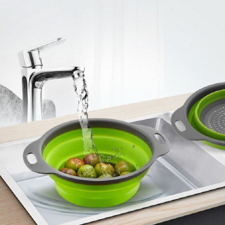 Set 2 strecuratori pliabile din silicon alimentar Cyrax, cu manere, fund antiaderent si antialunecare, rotunda, doua dimensiuni, usor de depozitat, compatibil cu masina de spalat vase, verde