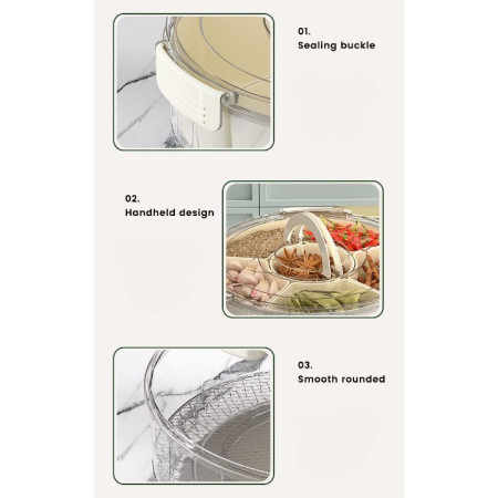 Cutie de Depozitare pentru Alimente, Cyrax, cu 6 Compartimente, pentru Condimente, Fructe, Legume, cu Manere de Prindere, Rotativa 360 de Grade, Inchidere Ermetica, 32x10 cm, Alba