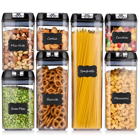 Set Cutii de Depozitare a Alimentelor, Cyrax, 7 Recipiente, 10 Etichete Reutilizabile, 4 Linguri, pentru Bucatarie, Spatula, Etansare, Fara BPA, Transparente, Capac Negru
