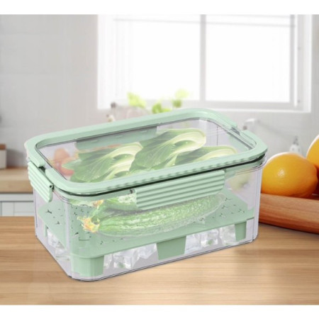 Cutie pentru Depozitare Alimente, Cyrax, de Uz Casnic, 2 Compartimente, Zona pentru Gheata, Mentinere Fresh, cu Maner, Material PET, 23x15x10.8 cm, Verde