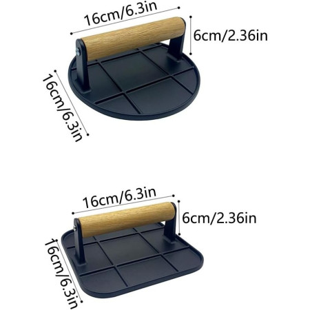 Presa Manuala pentru Carne, Cyrax, din Aliaj de Aluminiu, Maner din Lemn, Presa pentru Burgeri, Usor de Curatat si Folosit, Rotunda, 16x16x6 cm, Neagra