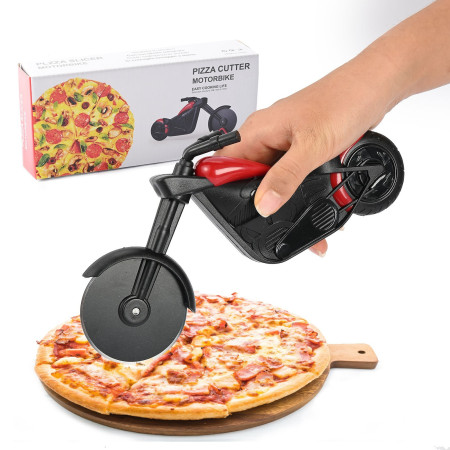 Cutit pizza creativ Cyrax, in forma de bicicleta, cu suport pentru cutit, 19 x 12.5 cm, otel/PP, negru