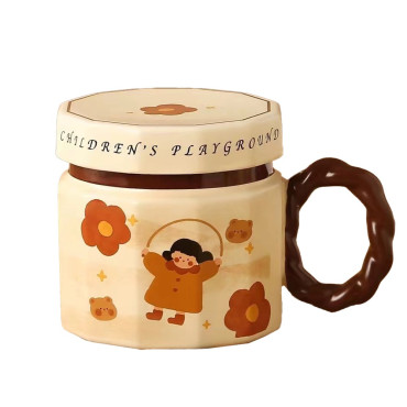 Cana din ceramica, Cyrax, Cana pentru Cafea, Ceai, Cana Universala, Unisex, Cana cu Capac, 9 x 8 x 8 cm, 400 ml, Model Fetita cu Coarda, Bej