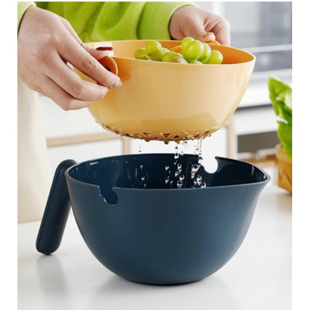 Bol cu Doua Straturi, Cyrax, pentru Fructe, Legume, cu Cos de Scurgere a Apei, 2L, din ABS+PP, 29.9 x 22.5 x 11.8 cm, Albastru-Portocaliu
