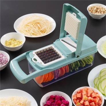 Feliator Multifunctional, Cyrax, Razatoare, 8 in 1, pentru Fructe si Legume, 10 Piese, Lame de Inox, Recipient Stocare, Separator Oua, Protectie Mana, ABS, 32.2x11.3 cm, Albastru/Alb