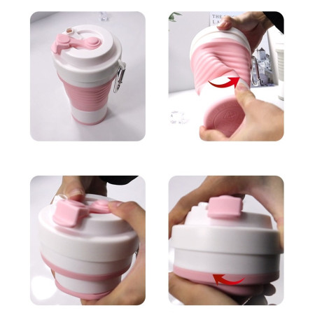 Pahar pliabil din silicon Cyrax, pentru calatorii, camping, 750 ml, pai inclus, 11.6 x 19.3 cm, roz
