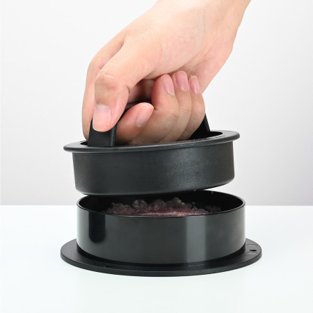 Cyrax Presa dubla pentru hamburgeri 2 in 1, forma si presa, doua dimensiuni, cu maner, usor de curatat si folosit, material ABS, 100 de foi hartie de copt incluse, 13x13.5x7 cm, fara lipire, neagra