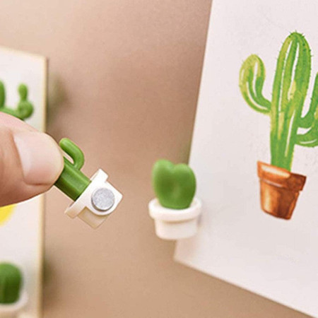 Set 6 Magneti de Frigider, Cyrax, Model Cactusi in Ghiveci, din ABS si Magnet, Verde/Alb