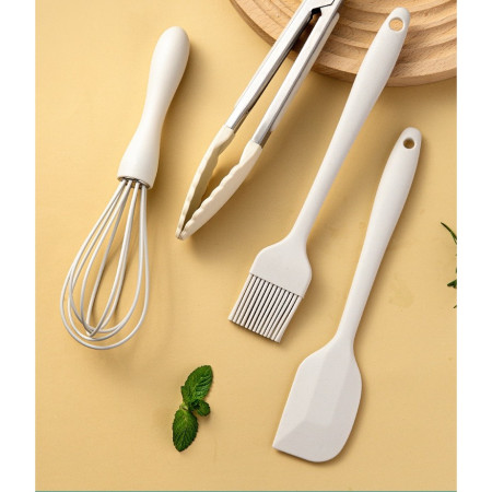 Set 5 Ustensile de Bucatarie, Cyrax, din Silicon+Inox, Termorezistente, Antiaderente, 28 x 26 x 2 cm, Alb Ivory
