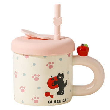 Cana din Ceramica cu Capac si Pai, Cyrax, Capacul si Paiul din Silicon Roz, 9x8.5 cm, Model Cute D, Capacitate 380ml