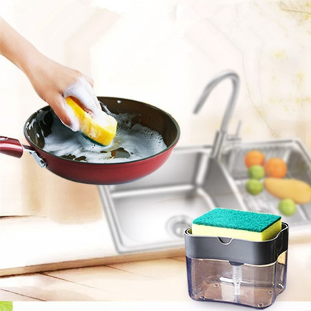 Dozator Cyrax, Dispenser 2 in 1 pentru Detergent Lichid de Vase sau pentru Obiecte Sanitare cu Suport pentru Burete de Bucatarie ,14 x 10.5 x 10 cm, capacitate 380 ml, gri