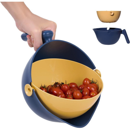 Bol cu Doua Straturi, Cyrax, pentru Fructe, Legume, cu Cos de Scurgere a Apei, 2L, din ABS+PP, 29.9 x 22.5 x 11.8 cm, Albastru-Portocaliu