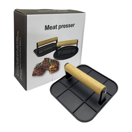Presa Manuala pentru Carne, Cyrax, din Aliaj de Aluminiu, Maner din Lemn, Presa pentru Burgeri, Usor de Curatat si Folosit, Patrata, 16x16x6 cm, Neagra