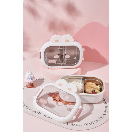 Cutie pentru Pranz sau Gustari, Cyrax, cu Doua Compartimente, Model Iepuras, pentru Copii si Adulti, Etansare, PP, Perfect pentru Scoala si Birou, 1000 mL, 22x17.8x8 cm, Alb