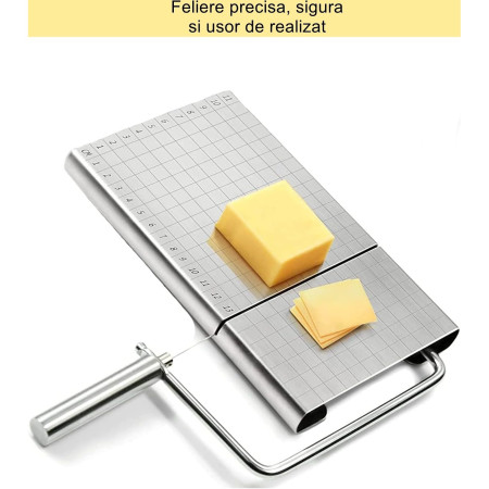 Feliator manual Cyrax, pentru cascaval, salam, prajituri, unt, din otel inoxidabil, usor de curatat si utilizat, 5 lame de schimb incluse, picioare antiderapante, 21 x 12.2 x 2.8 cm, argintiu