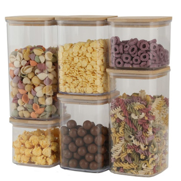 Cutii de Depozitare Alimente, Cyrax, Set din 6 Cutii de tip Container, Cutii pentru Cereale, din Plastic, Capac din Bambuc, 2pc 0.5 l. 2pc 0.8 l, 2pc 1.2 l, Transparente