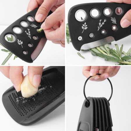 Set 6 in 1 mini ustensile bucatarie Cyrax, taietor pizza, cutit, curatator, razatoare, desfacator, presa usturoi, manere din ABS, lame ascutite din otel inoxidabil, 7.1 x 12.9 x 4.8 cm,  negru