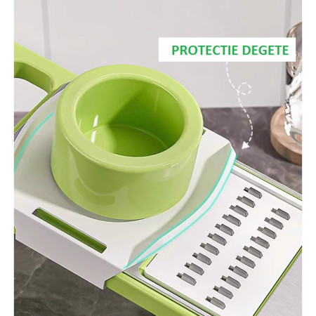 Set Multifunctional din 7 Piese, Cyrax, pentru Taierea si Maruntirea Legumelor, Uz Casnic,din Otel Inoxidabil, Gri-Verde