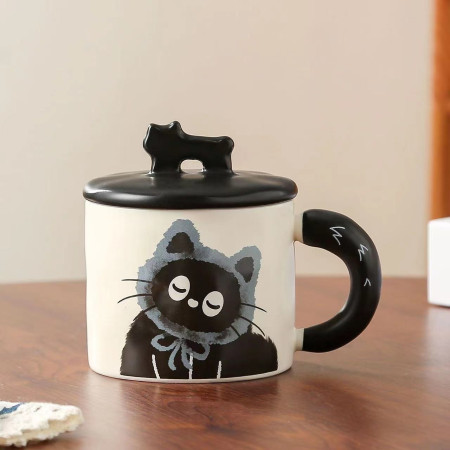 Cana din Ceramica, Cyrax, Model in Cutie pentru Cadou, Cana pentru Ceai, Cafea, Cana Retro Design Capac cu Figurina 3D, 9.5 x 8 x 8 cm, 360 ml, Bej, Print Pisica Albastru Negru