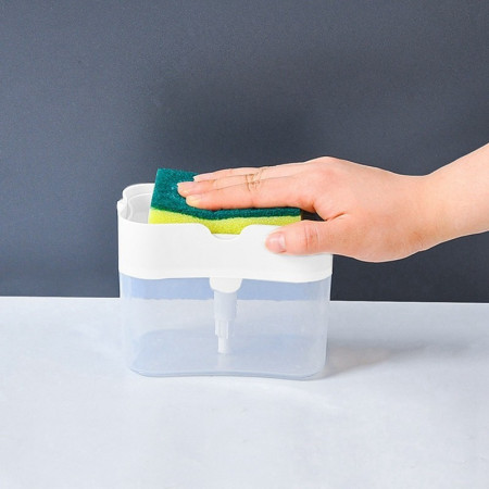 Dozator Cyrax, Dispenser 2 in 1 pentru Detergent Lichid de Vase sau pentru Obiecte Sanitare cu Suport pentru Burete de Bucatarie ,14 x 10.5 x 10 cm, capacitate 380 ml, alb