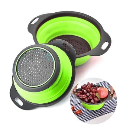 Set 2 strecuratori pliabile din silicon alimentar Cyrax, cu manere, fund antiaderent si antialunecare, rotunda, doua dimensiuni, usor de depozitat, compatibil cu masina de spalat vase, verde