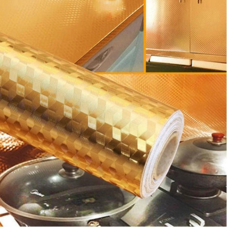 Autocolant de Bucatarie, Cyrax, Autoadeziv, Impermeabil, Rezistent la Temperaturi Ridicate, din PVC, 60 x 100 cm, Model Cub 3D, Auriu